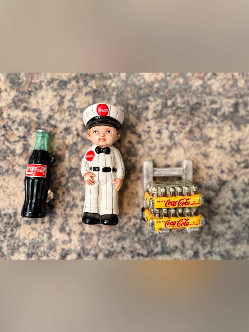Coca-Cola Mini Salt & Pepper Shaker Lot Delivery Boy, Bottle & Crate
